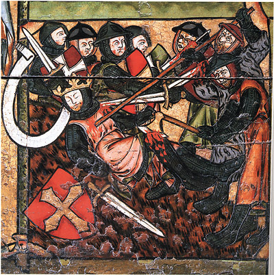 Olav den helliges død på Stiklestad i 1030. Del av antemensale fra en ukjent kirke, ca. 1320–40. Nå i Nidarosdomen, Trondheim. . fri